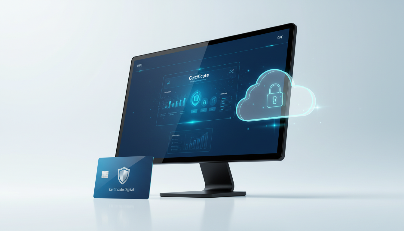 Certificado digital A1 com computador, cartão e nuvem segura